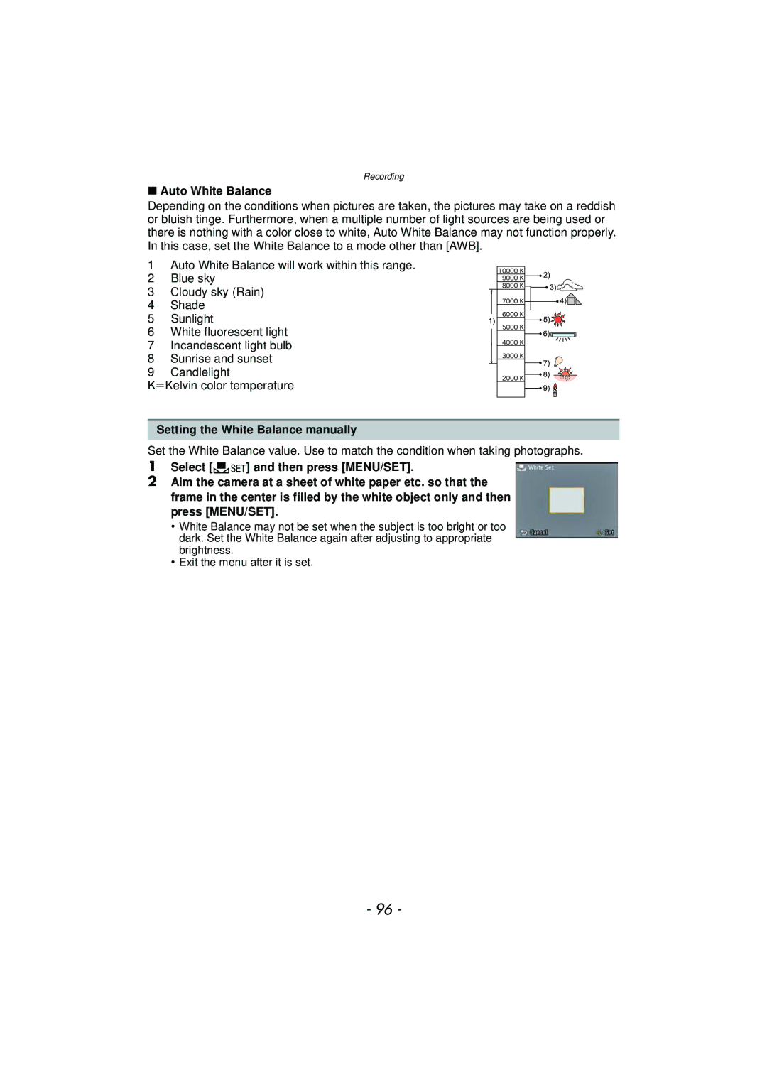 Panasonic DMCTS4D, DMCTS4K, DMCTS4A, DMC-TS4K owner manual Auto White Balance, Setting the White Balance manually 