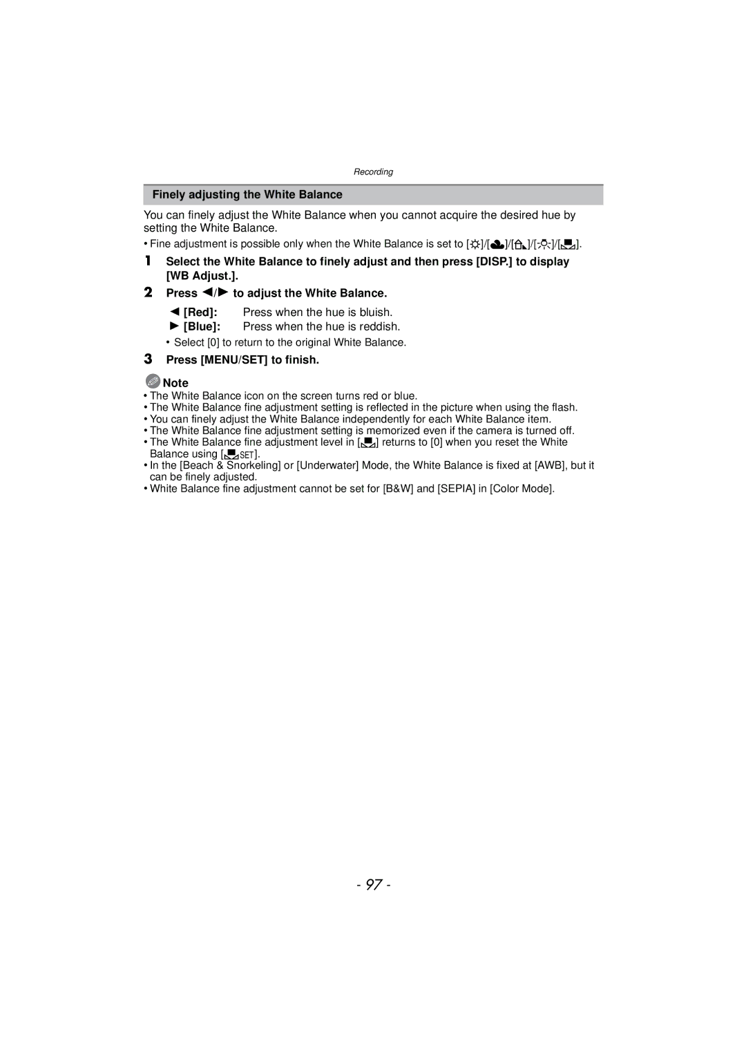 Panasonic DMCTS4A, DMCTS4K, DMCTS4D, DMC-TS4K owner manual Finely adjusting the White Balance, Press MENU/SET to finish 