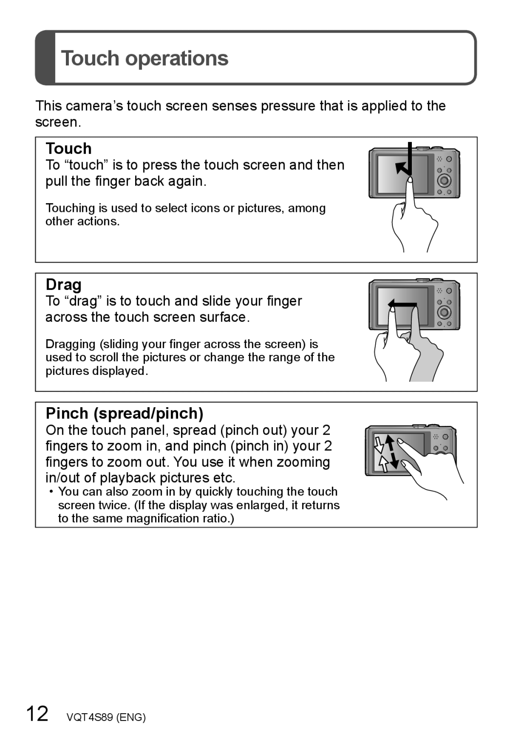 Panasonic DMCZS30K, DMC-ZS30, DMCZS30S owner manual Touch operations, Drag, Pinch spread/pinch 