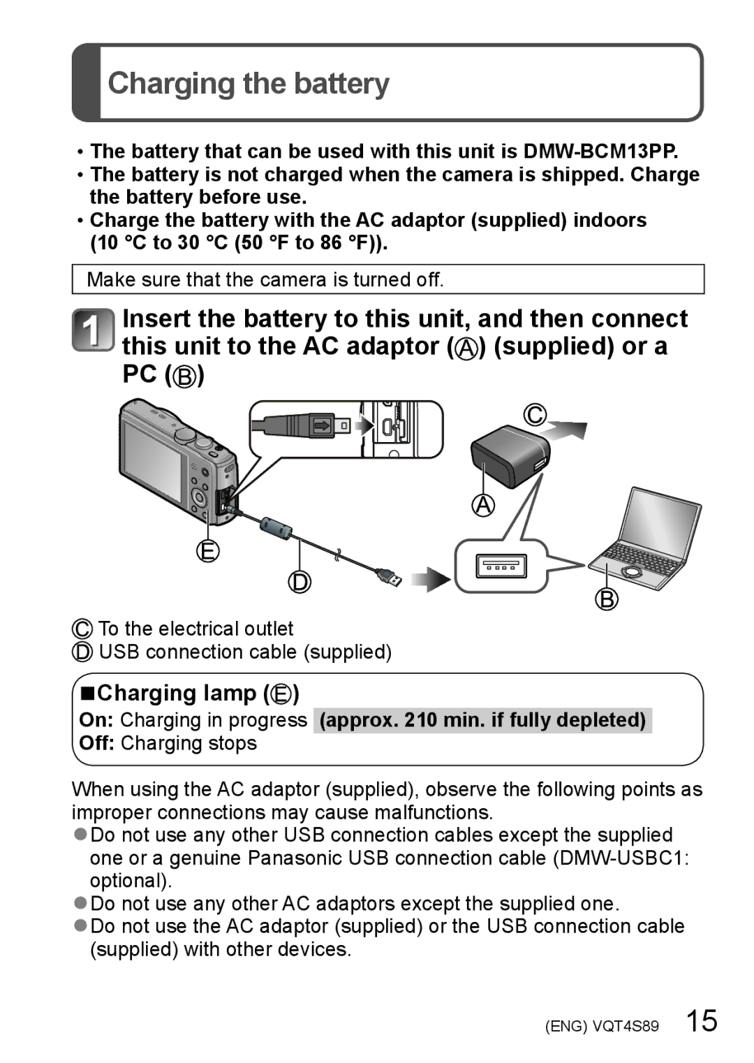 Panasonic DMCZS30K, DMC-ZS30 Charging the battery, Charging lamp, On Charging in progress approx min. if fully depleted 