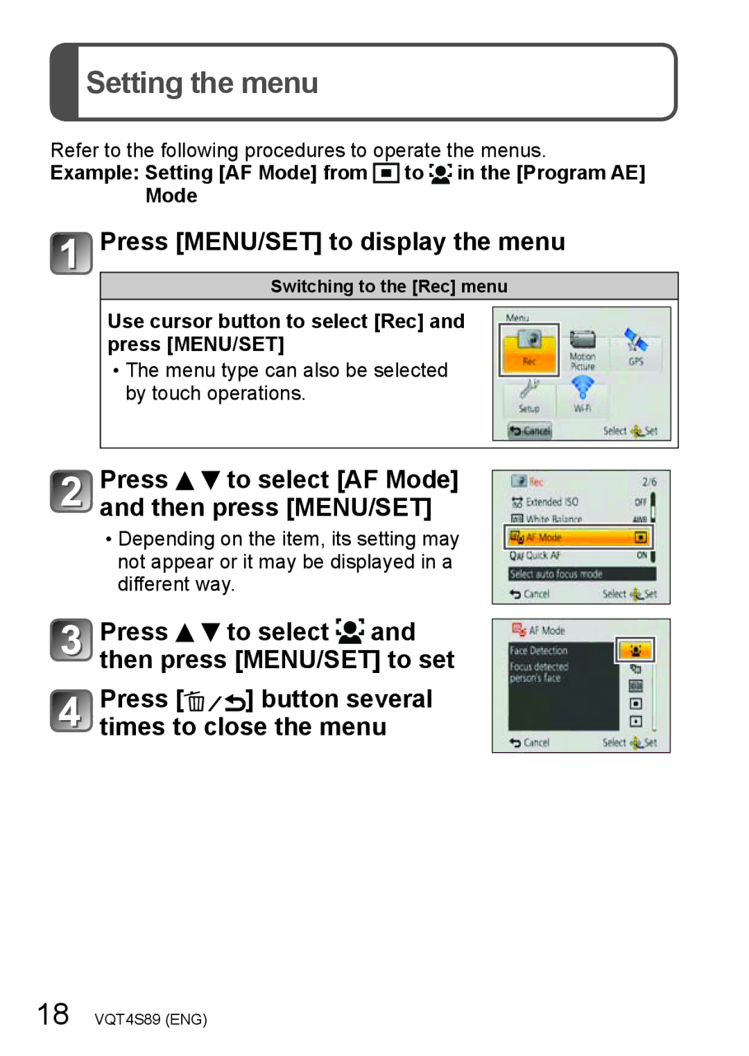 Panasonic DMCZS30K, DMC-ZS30, DMCZS30S owner manual Setting the menu, Example Setting AF Mode from to in the Program AE Mode 