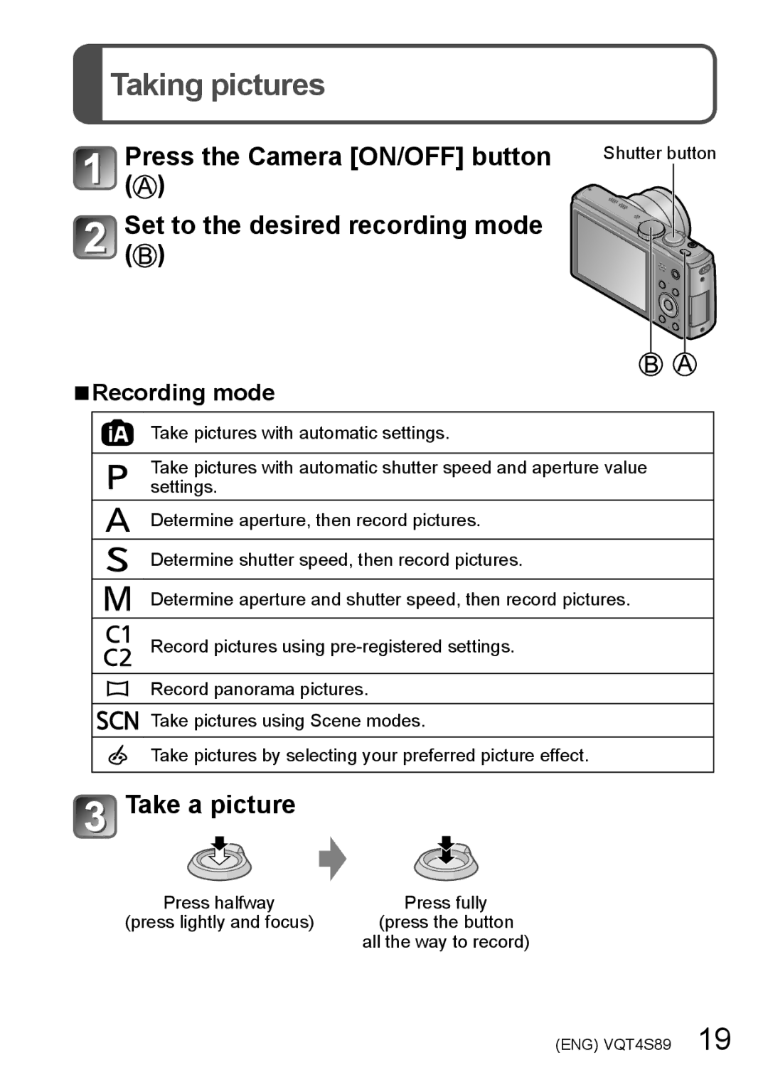 Panasonic DMC-ZS30, DMCZS30K, DMCZS30S owner manual Taking pictures, Recording mode 