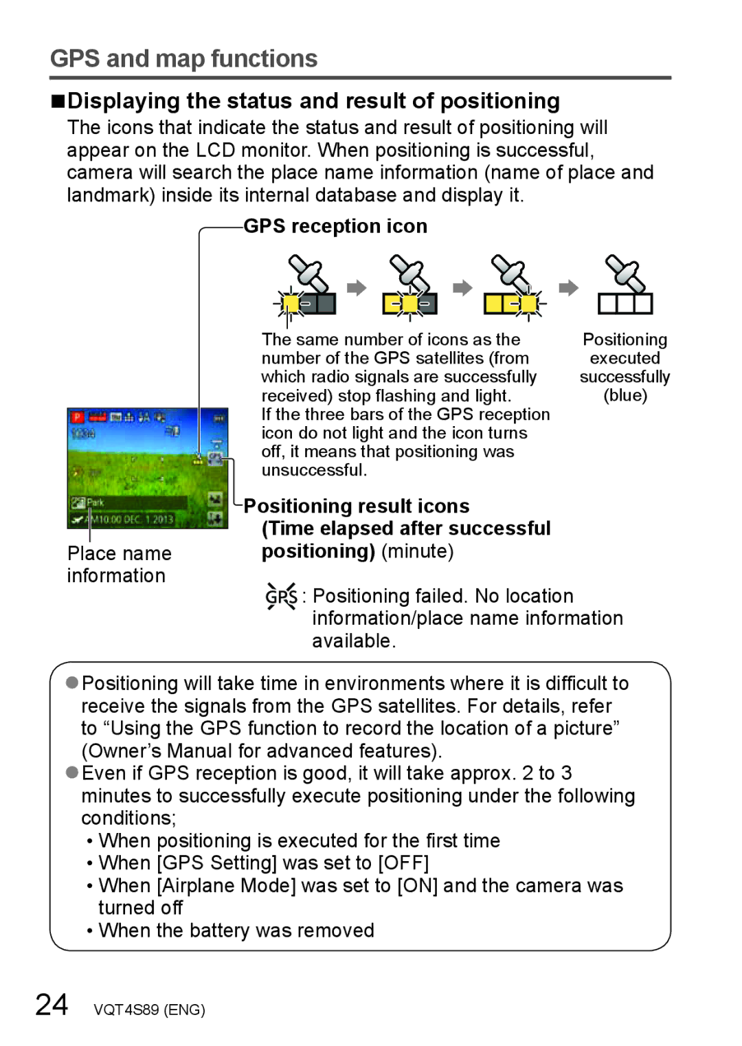 Panasonic DMCZS30K, DMC-ZS30 Displaying the status and result of positioning, GPS reception icon, Positioning result icons 