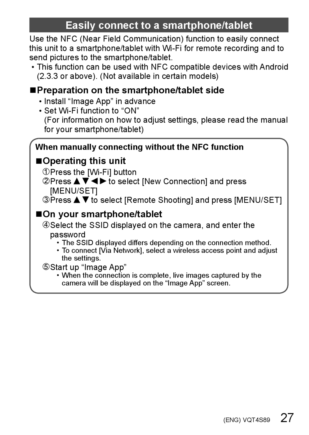 Panasonic DMCZS30K Easily connect to a smartphone/tablet, Preparation on the smartphone/tablet side, Operating this unit 