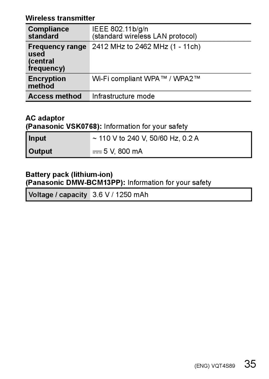 Panasonic DMCZS30S, DMCZS30K, DMC-ZS30 owner manual Voltage / capacity 3.6 V / 1250 mAh 