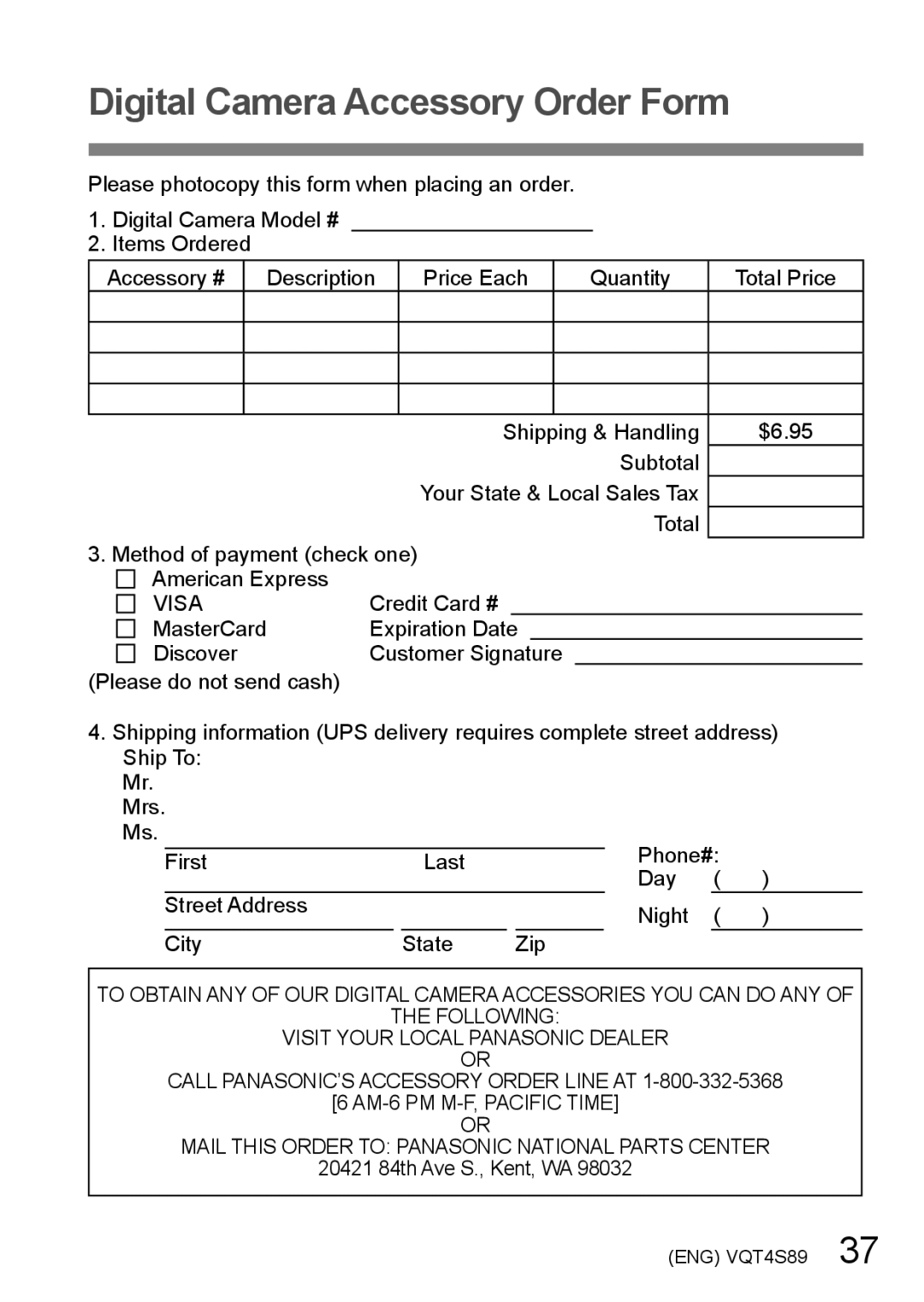 Panasonic DMC-ZS30, DMCZS30K, DMCZS30S owner manual Digital Camera Accessory Order Form, Visa 