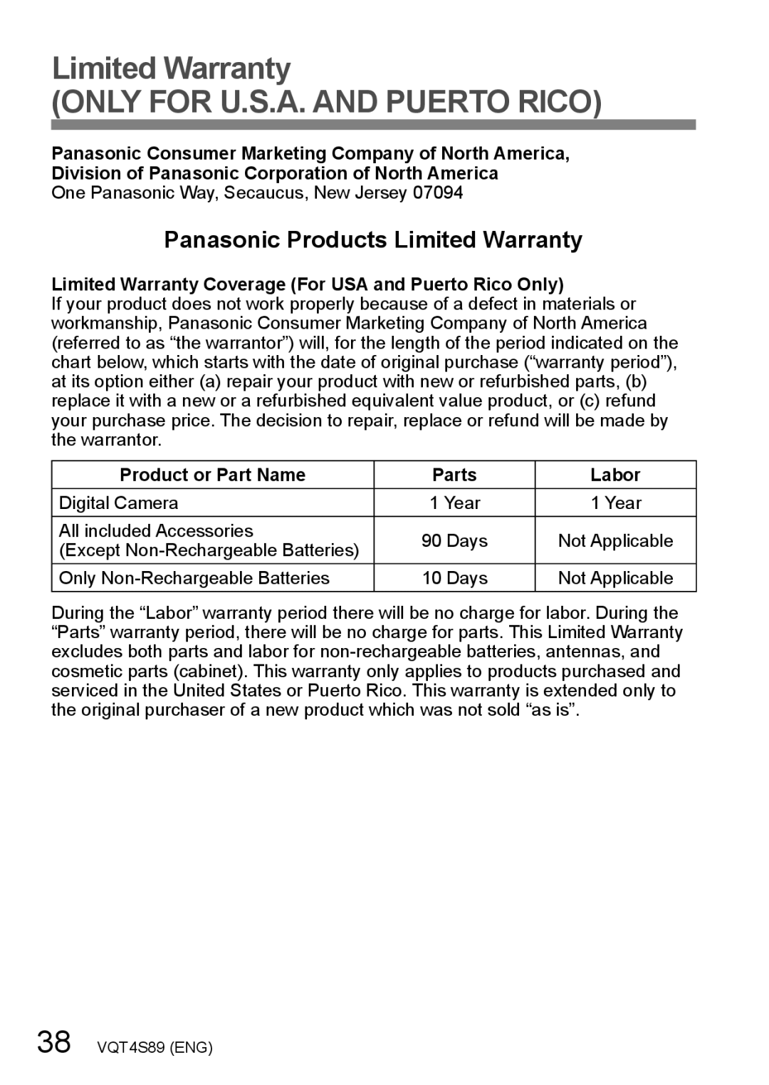 Panasonic DMCZS30S, DMCZS30K, DMC-ZS30 owner manual Panasonic Products Limited Warranty 