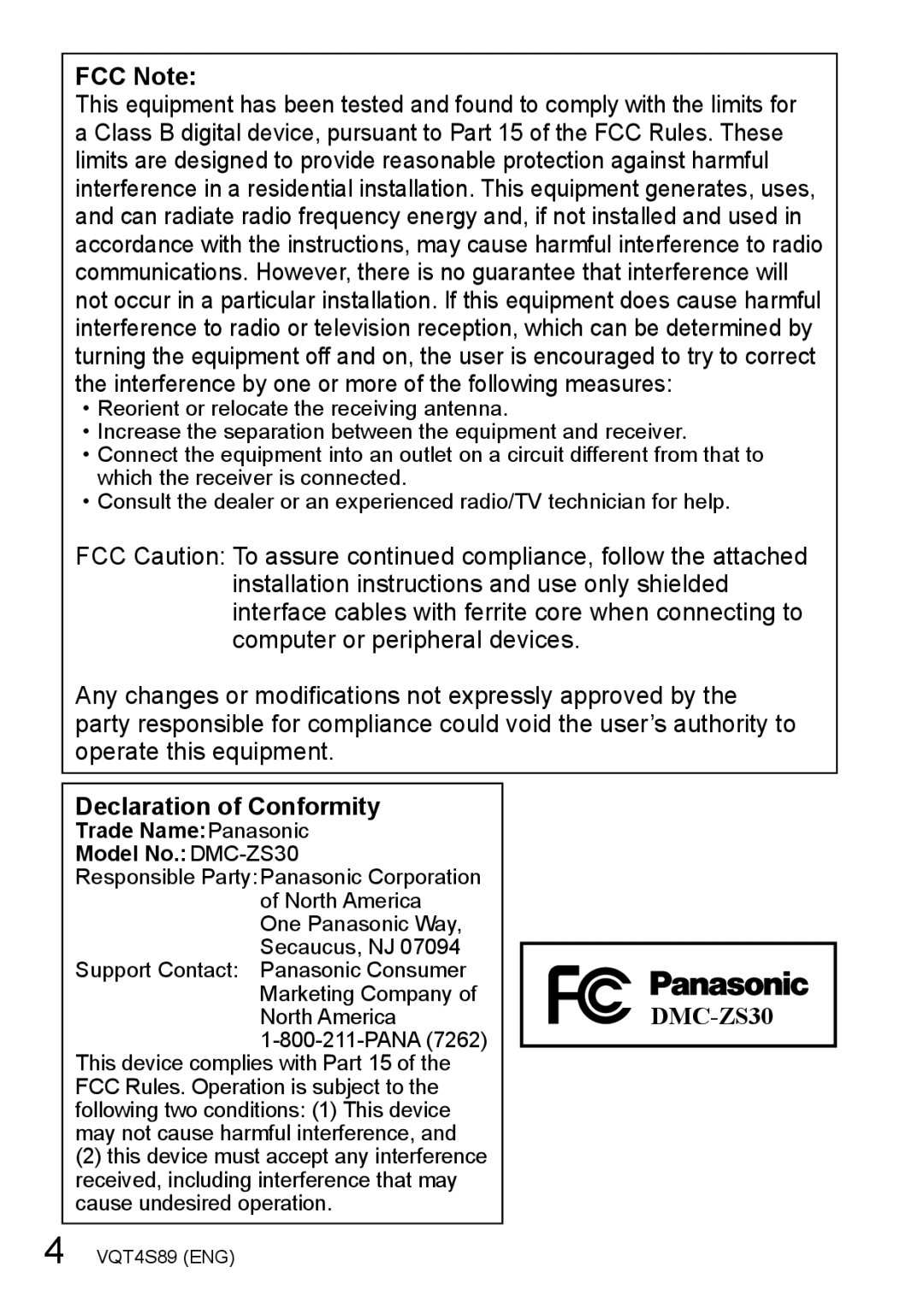 Panasonic DMC-ZS30, DMCZS30K, DMCZS30S owner manual FCC Note, Declaration of Conformity 