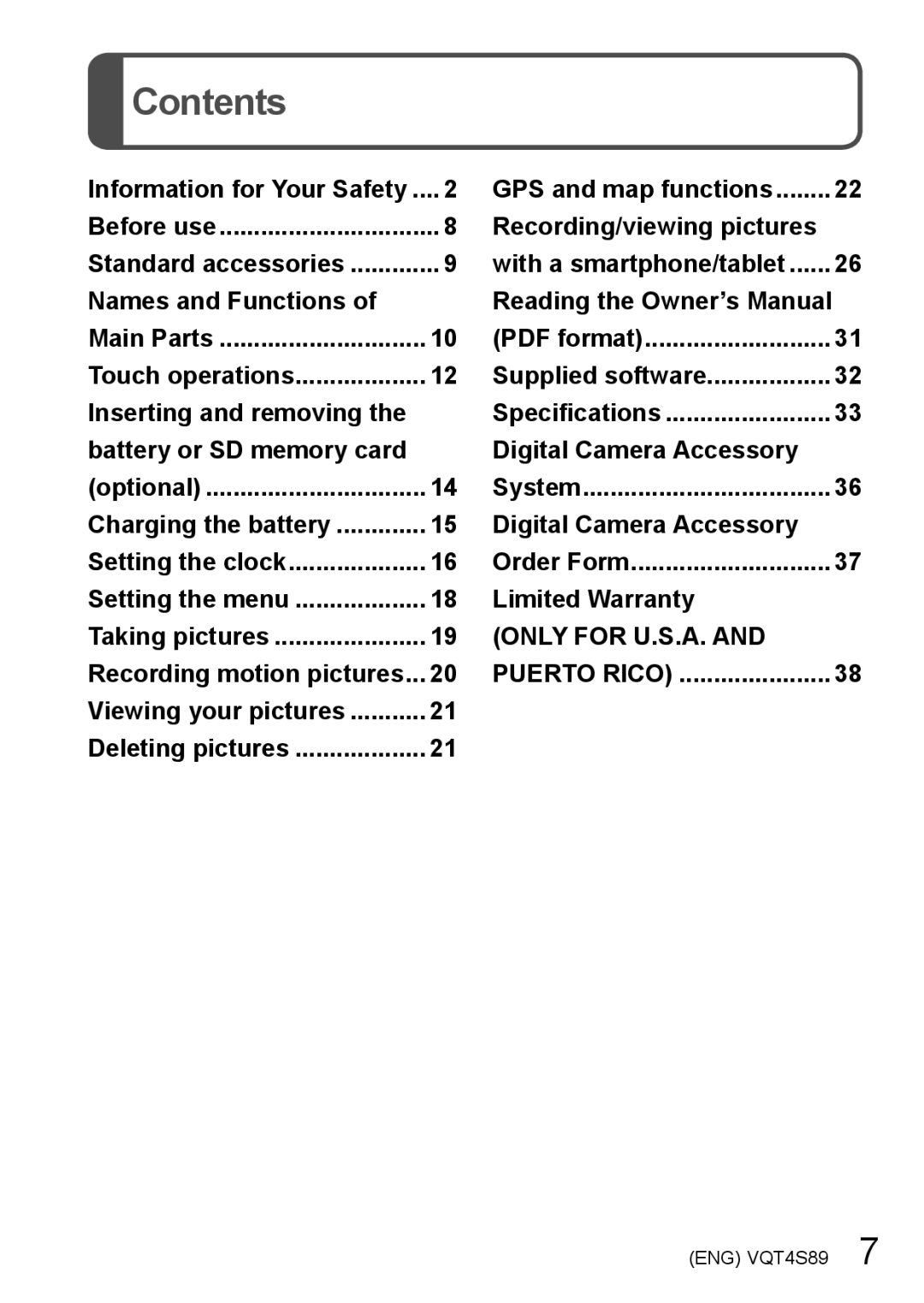 Panasonic DMC-ZS30, DMCZS30K, DMCZS30S owner manual Contents 