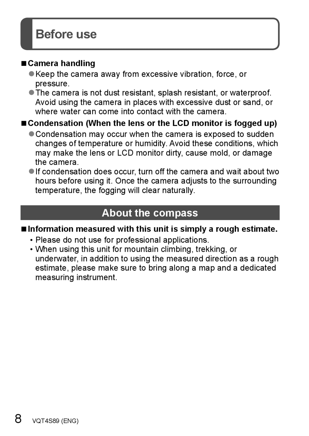 Panasonic DMCZS30S, DMCZS30K, DMC-ZS30 owner manual Before use, About the compass, Camera handling 