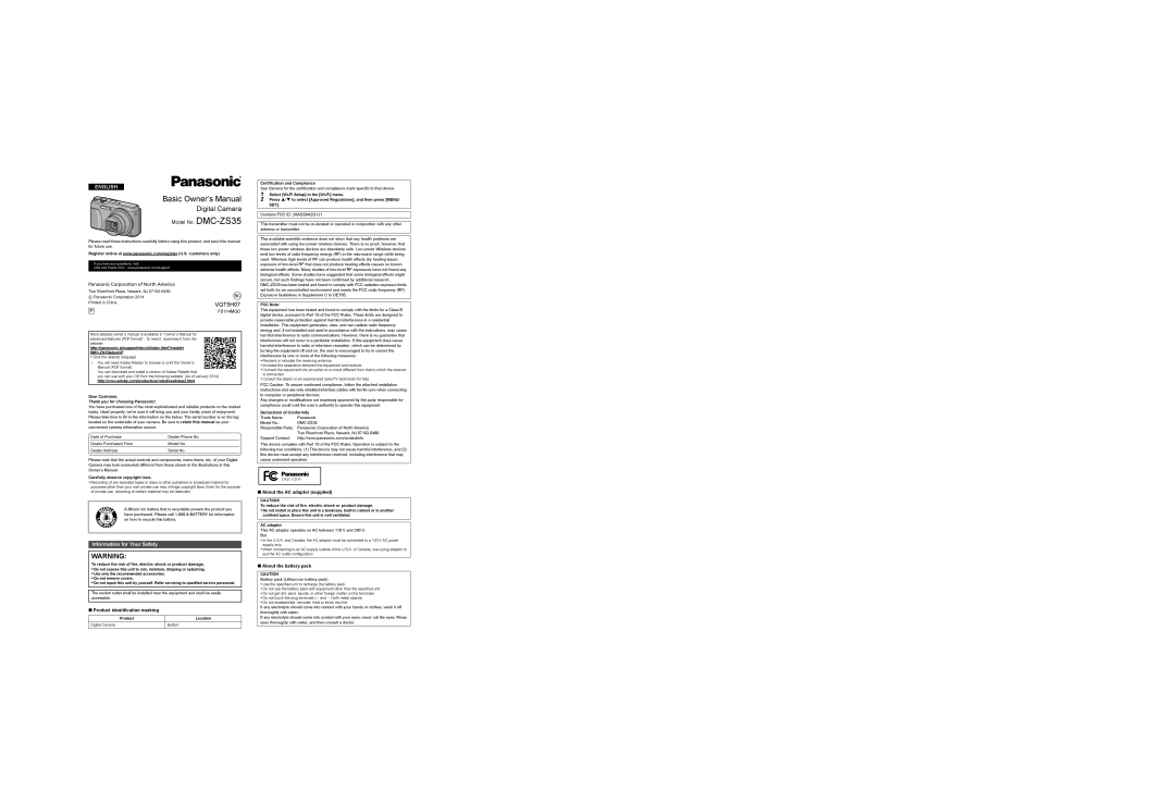 Panasonic DMCZS35W owner manual Information for Your Safety, Product identification marking, About the AC adaptor supplied 