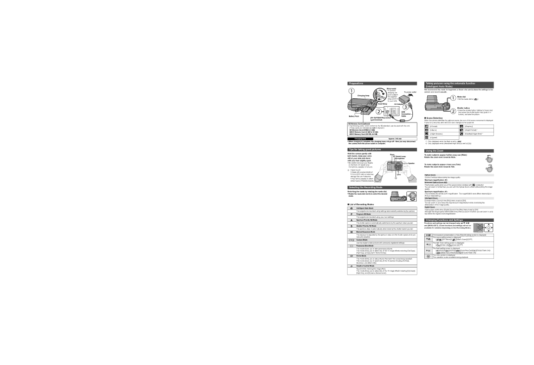 Panasonic DMCZS35W, DMCZS35K Preparations, Using the Zoom, Selecting the Recording Mode, Changing Functions and Settings 