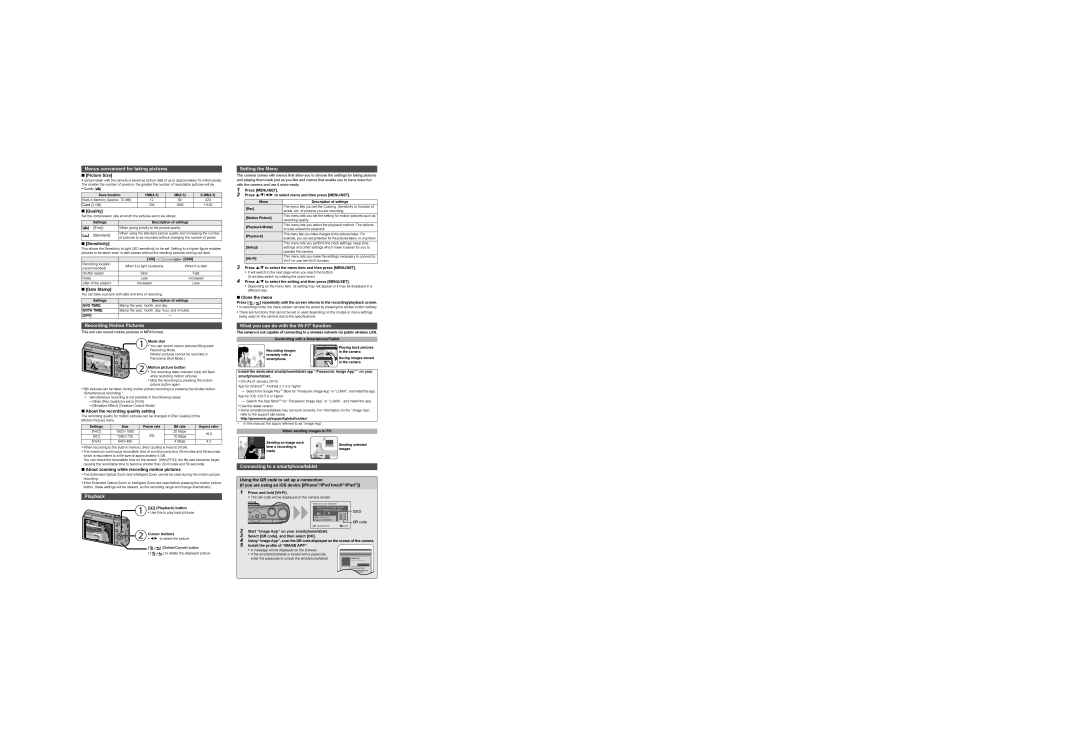 Panasonic DMCZS35K, DMCZS35W Menus convenient for taking pictures, Recording Motion Pictures, Playback, Setting the Menu 