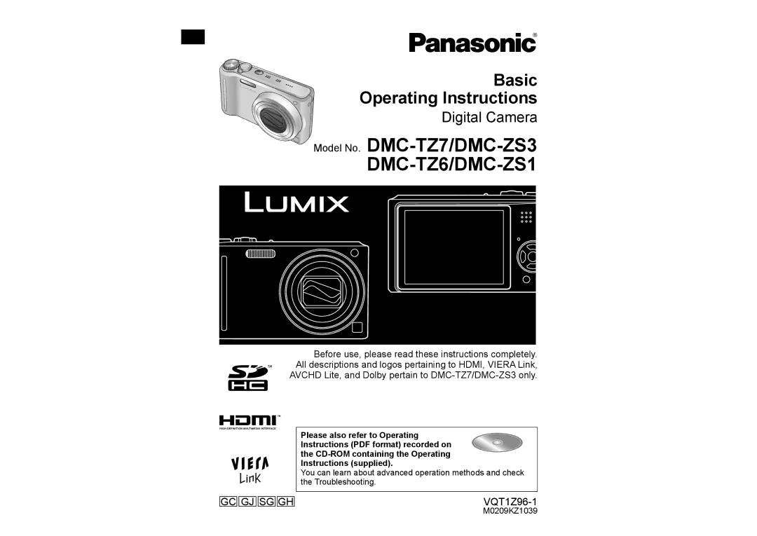 Panasonic DMCZS3K, DMCZS3S, DMCZS3A, DMCZS1S, DMCZS1K operating instructions DMC-TZ6/DMC-ZS1, M0209KZ1039 