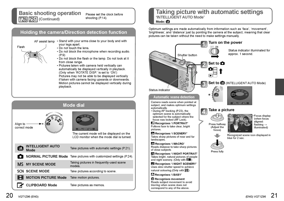 Panasonic DMCZS3K, DMCZS3S, DMCZS3A Taking picture with automatic settings, Take a picture, Automatic scene detection, Mode 