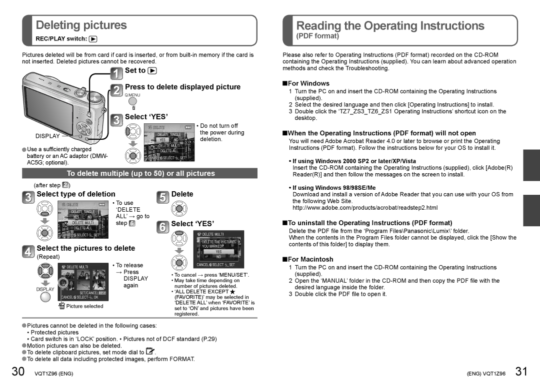 Panasonic DMCZS3K Deleting pictures, Reading the Operating Instructions, To delete multiple up to 50 or all pictures 