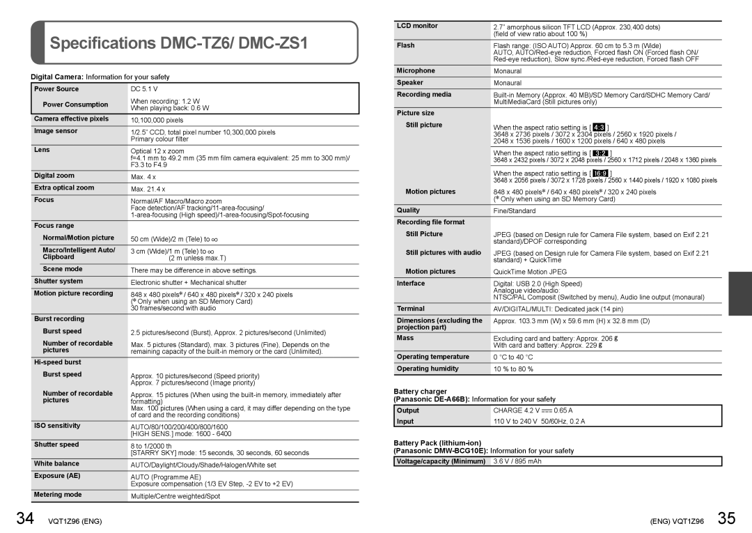 Panasonic DMCZS1S, DMCZS3S, DMCZS3K, DMCZS3A, DMCZS1K operating instructions Specifications DMC-TZ6/ DMC-ZS1 