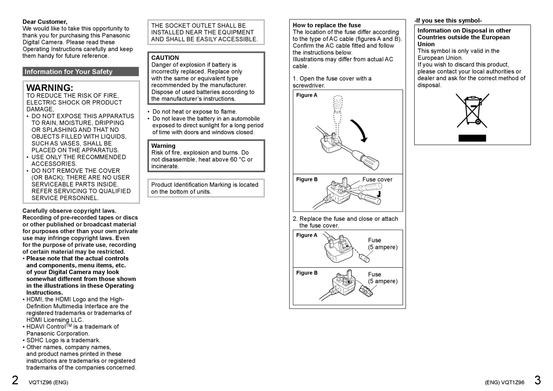 Panasonic DMCZS3A, DMCZS3S, DMCZS3K, DMCZS1S Information for Your Safety, Dear Customer, How to replace the fuse, Fuse 