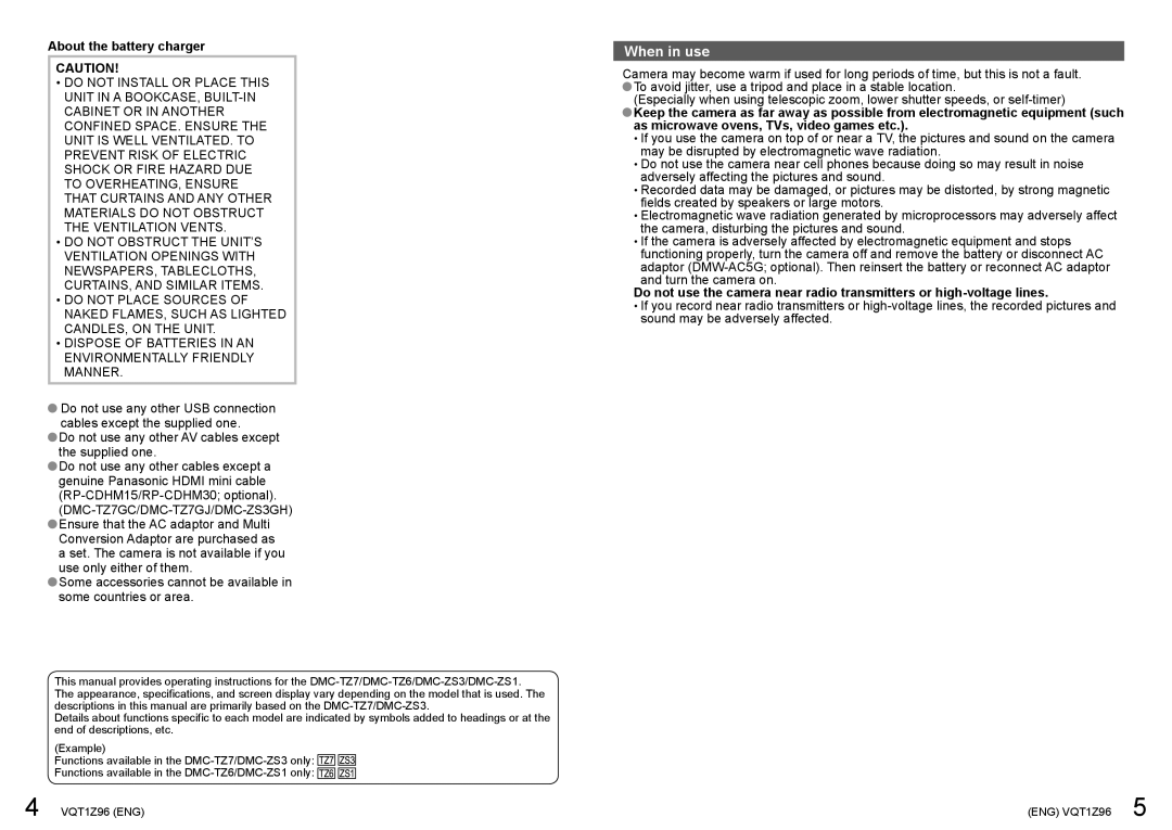 Panasonic DMCZS1S, DMCZS3S, DMCZS3K, DMCZS3A, DMCZS1K operating instructions When in use, About the battery charger 