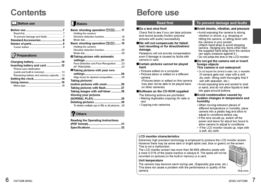 Panasonic DMCZS1K, DMCZS3S, DMCZS3K, DMCZS3A, DMCZS1S operating instructions Contents 