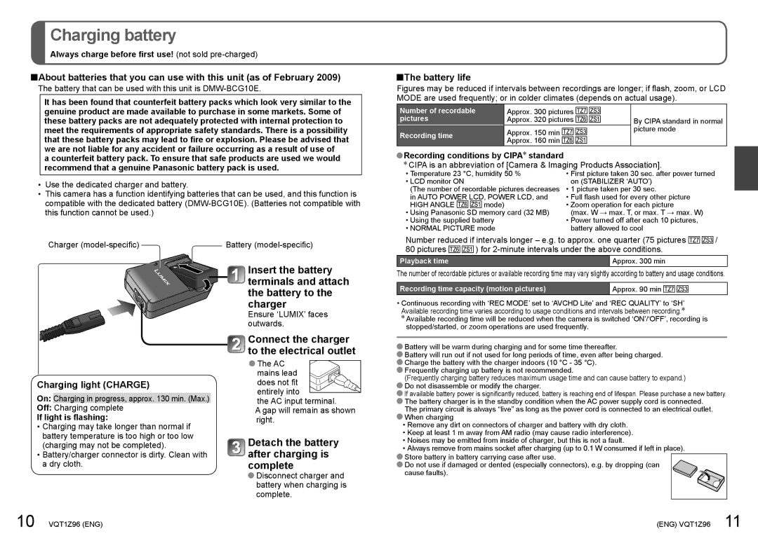 Panasonic DMCZS3K Charging battery, Connect the charger to the electrical outlet, Battery life, Charging light Charge 