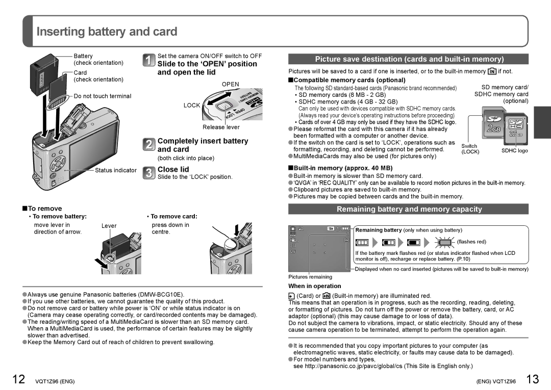 Panasonic DMCZS3A, DMCZS3S, DMCZS3K, DMCZS1S Inserting battery and card, Picture save destination cards and built-in memory 