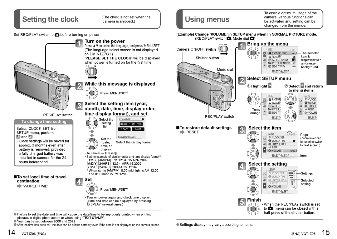 Panasonic DMCZS1S, DMCZS3S, DMCZS3K, DMCZS3A, DMCZS1K operating instructions Setting the clock 