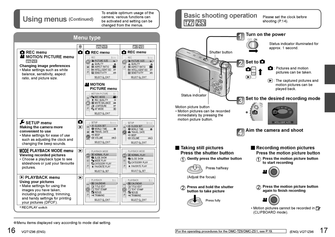 Panasonic DMCZS1K, DMCZS3S, DMCZS3K, DMCZS3A, DMCZS1S Set to the desired recording mode, Aim the camera and shoot 