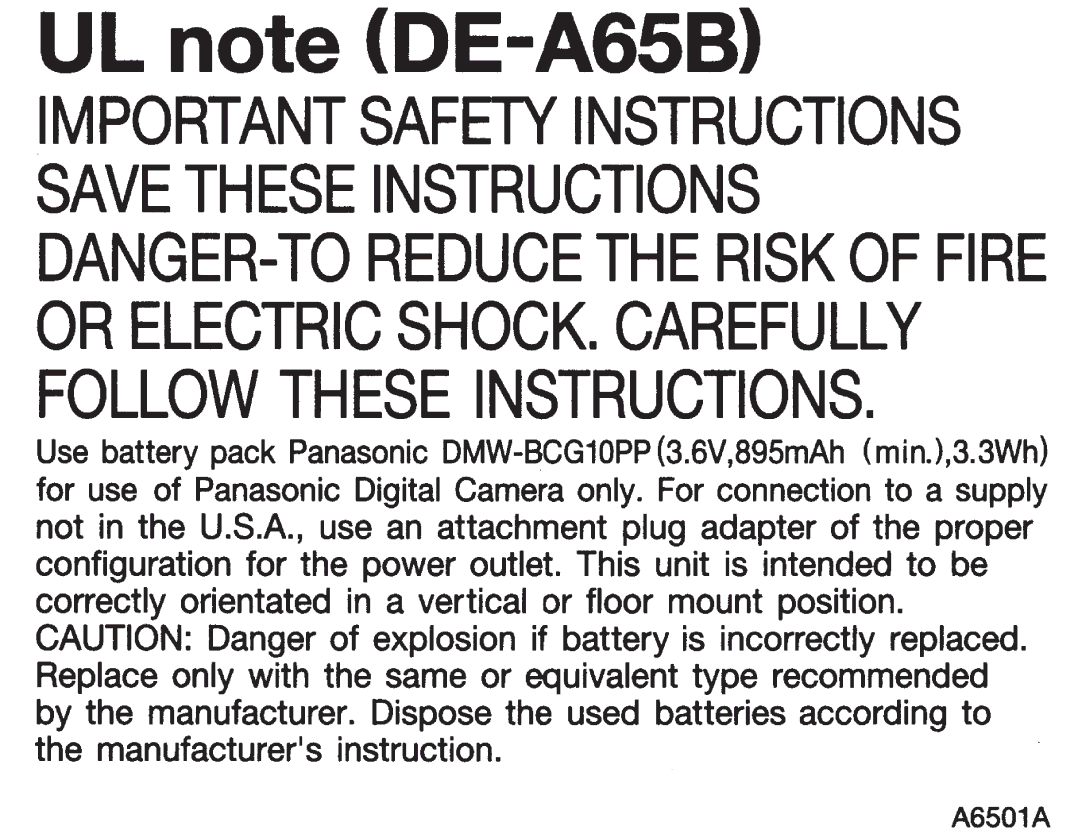 Panasonic DMCZS8K manual UL note DE-A65B 