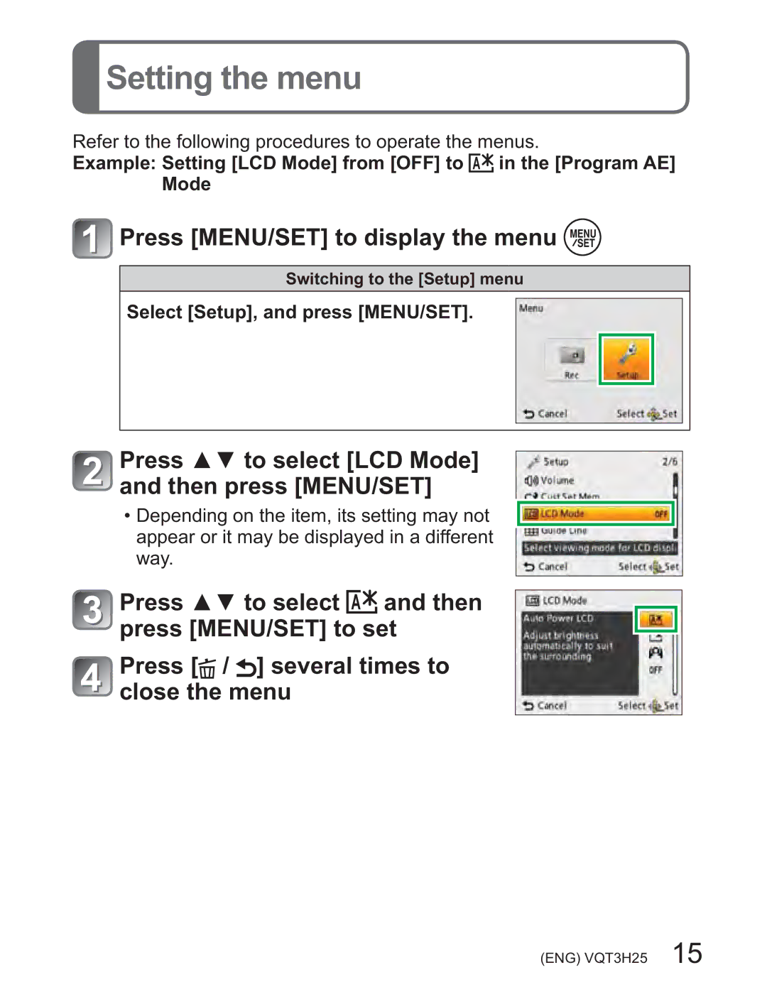 Panasonic DMCZS8K manual 6HWWLQJWKHPHQX, 3UHVVŸźWRVHOHFW/&0RGH@ DQGWKHQSUHVV01867@ 