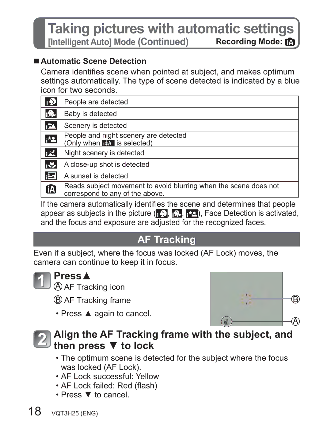 Panasonic DMCZS8K manual $XWRPDWLF6FHQHHWHFWLRQ, LfrqIruWzrVhfrqgv 