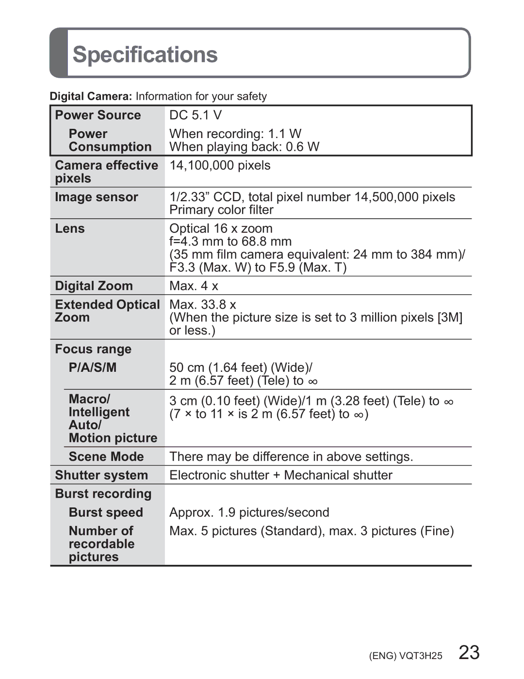 Panasonic DMCZS8K manual 6SHFLILFDWLRQV 