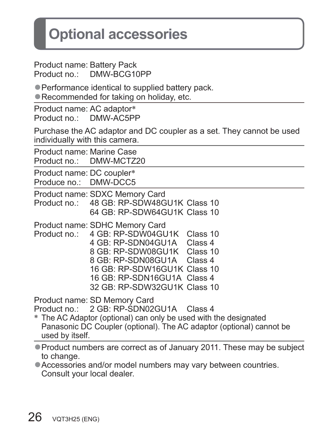 Panasonic DMCZS8K manual 2SWLRQDODFFHVVRULHV, 3URGXFWQDPH%DWWHU\3DFN 