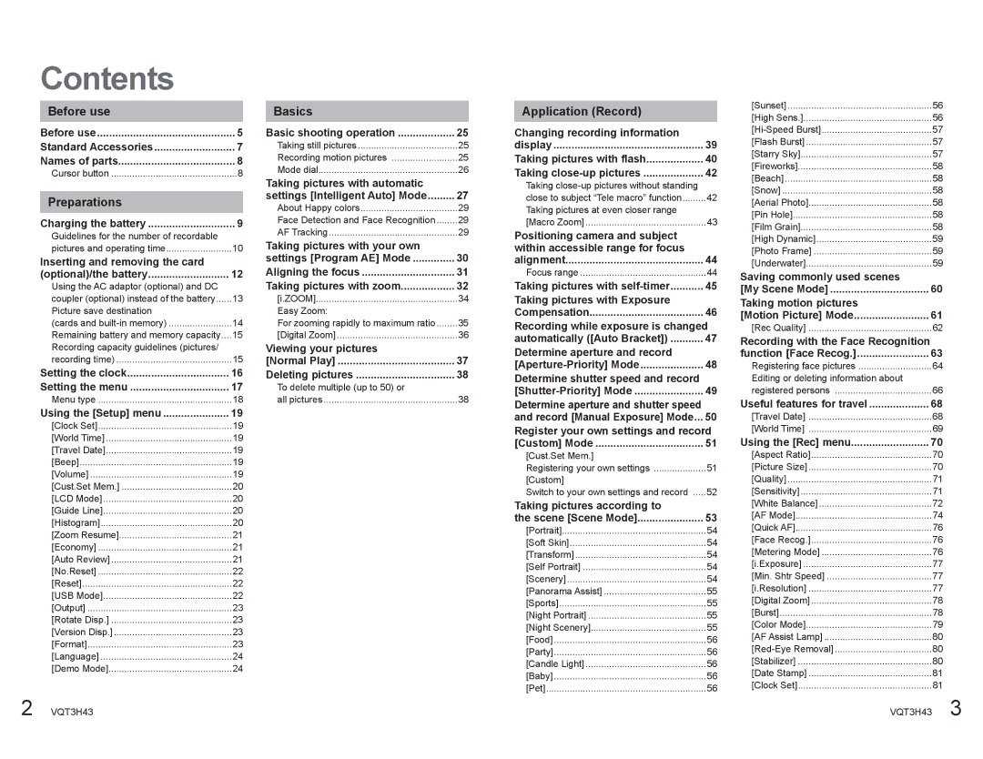 Panasonic DMCZS8K manual Contents 