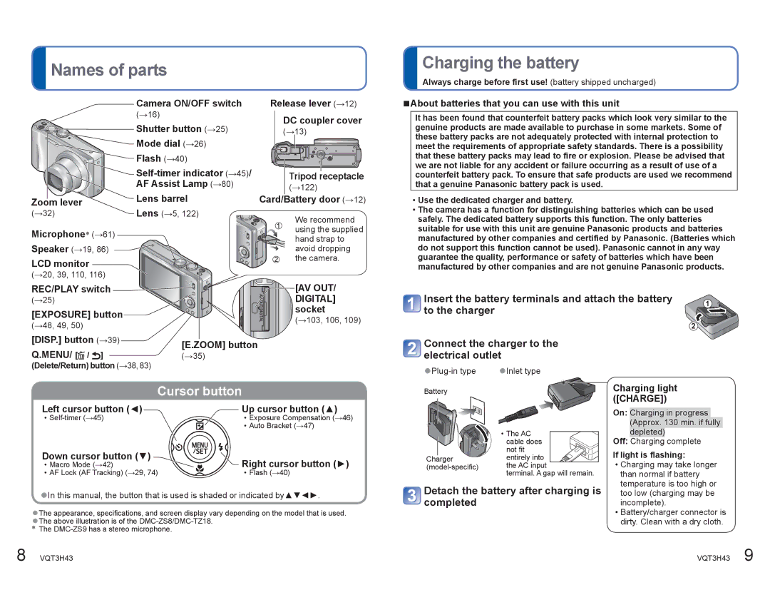 Panasonic DMCZS8K manual Names of parts, Charging the battery, Detach the battery after charging is completed 