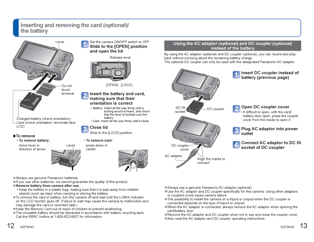 Panasonic DMCZS8K manual Inserting and removing the card optional/ the battery, Slide to the Open position and open the lid 