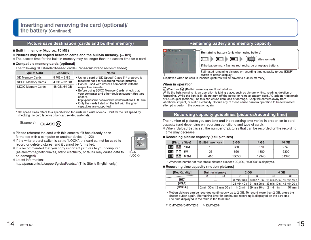 Panasonic DMCZS8K Inserting and removing the card optional Battery, Picture save destination cards and built-in memory 