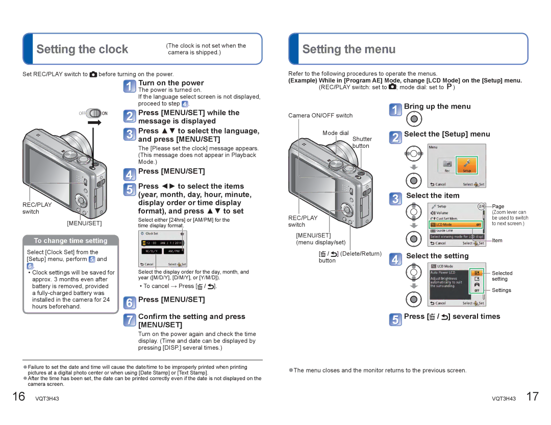 Panasonic DMCZS8K manual Setting the clock, Setting the menu 