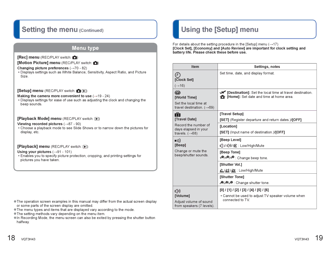 Panasonic DMCZS8K manual Using the Setup menu, Motion Picture menu REC/PLAY switch, Playback Mode menu REC/PLAY switch 