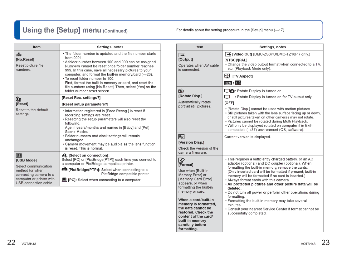 Panasonic DMCZS8K No.Reset, Reset Rec. settings?, Reset Reset setup parameters?, Select on connection, USB Mode, Output 