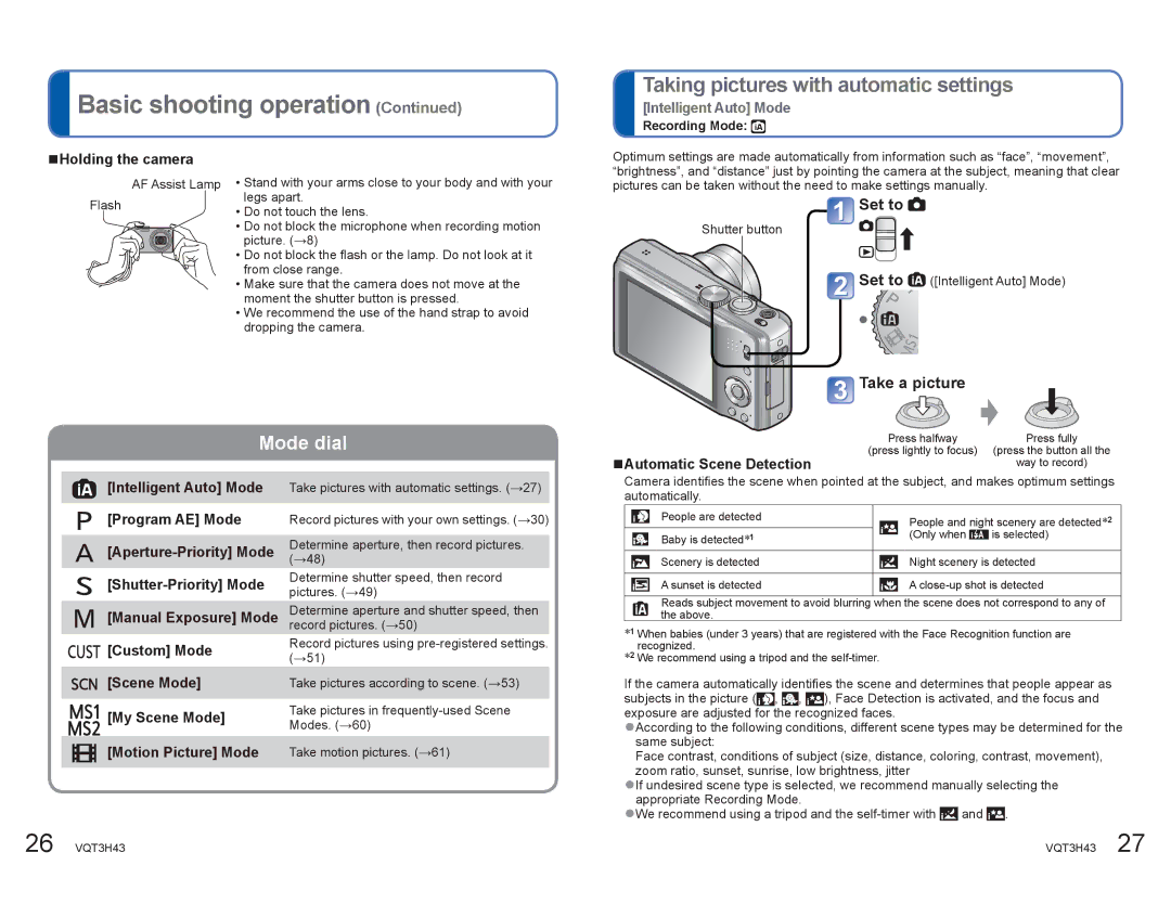 Panasonic DMCZS8K Taking pictures with automatic settings, Take a picture, Intelligent Auto Mode, ŶHolding the camera 