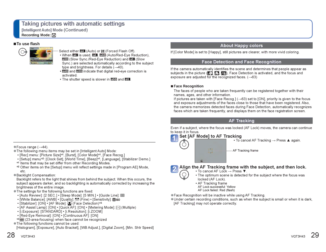 Panasonic DMCZS8K manual About Happy colors, Face Detection and Face Recognition, Set AF Mode to AF Tracking 