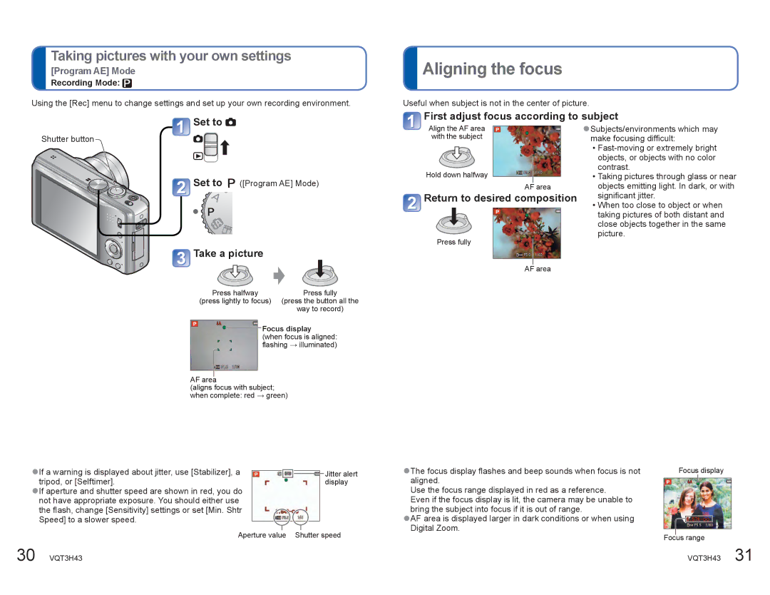 Panasonic DMCZS8K manual Taking pictures with your own settings, Return to desired composition, Program AE Mode 