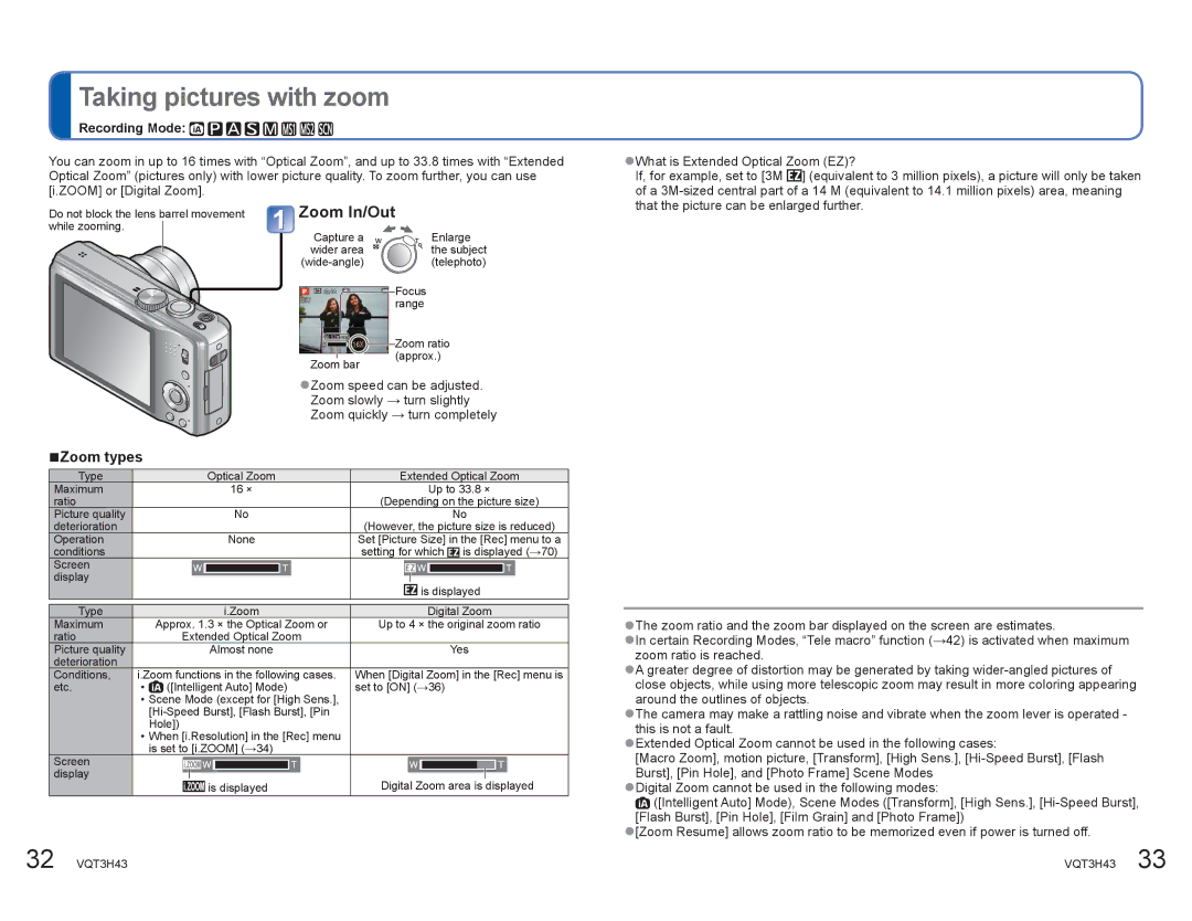 Panasonic DMCZS8K manual Taking pictures with zoom, Zoom In/Out, ŶZoom types 