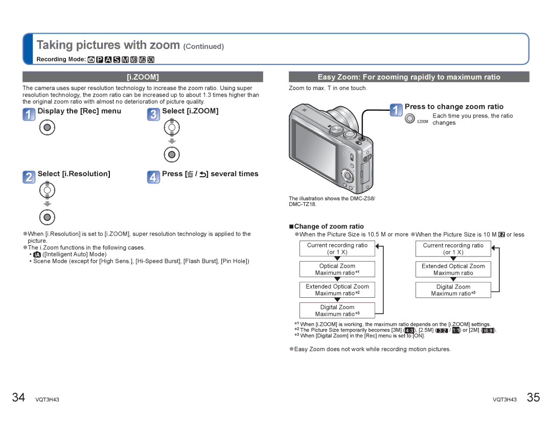 Panasonic DMCZS8K manual Zoom, Display the Rec menu, Select i.Resolution Press / several times, Press to change zoom ratio 