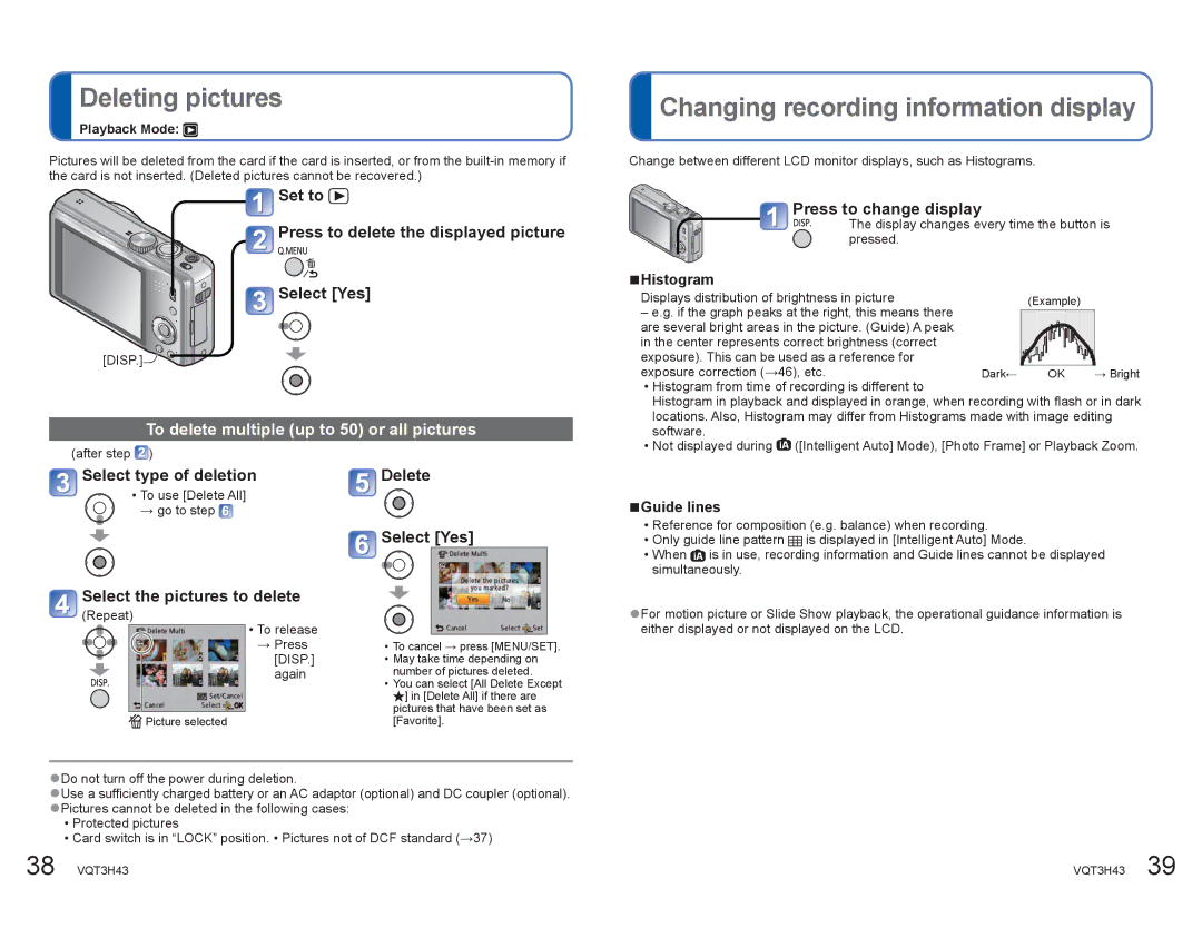 Panasonic DMCZS8K Deleting pictures, Changing recording information display, To delete multiple up to 50 or all pictures 