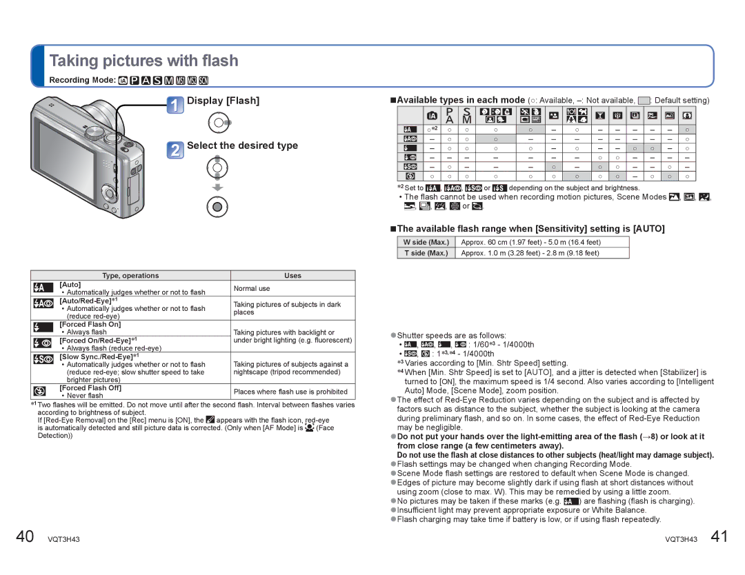 Panasonic DMCZS8K manual Taking pictures with flash, Display Flash Select the desired type 