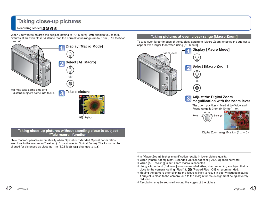 Panasonic DMCZS8K manual Taking close-up pictures, Display Macro Mode Select AF Macro, Take a picture 