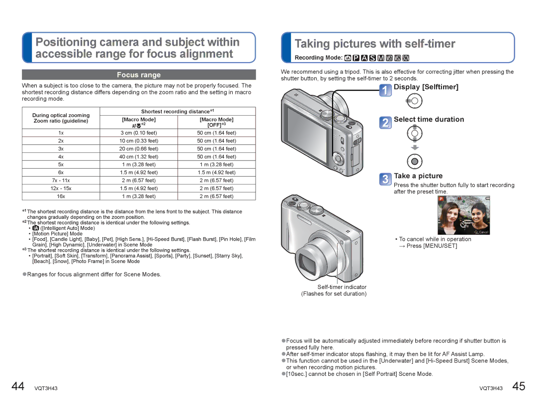 Panasonic DMCZS8K Taking pictures with self-timer, Focus range, Display Selftimer Select time duration Take a picture 