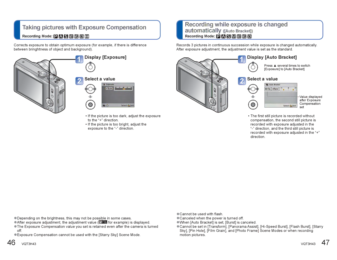 Panasonic DMCZS8K Taking pictures with Exposure Compensation, Recording while exposure is changed, Display Auto Bracket 